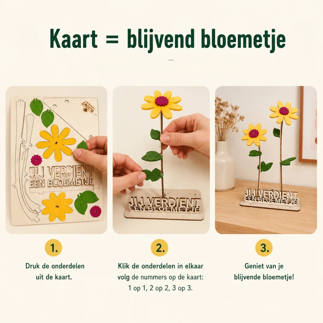 Happy Blooms-kaart wordt een blijvend bloemetje: onderdelen uitdrukken, in elkaar klikken en neerzetten